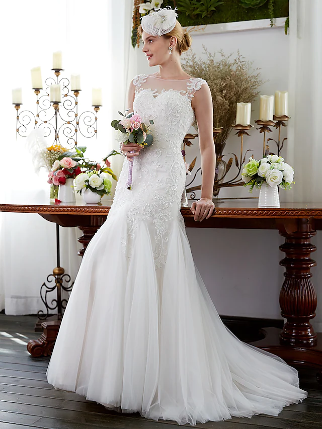 Wedding Dresses Illusion Neck Court Train Tulle Sleeveless Sparkle & Shine with Beading