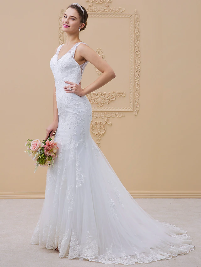 Wedding Dresses V Neck Chapel Train Tulle All Over Lace Lace Over Tulle Regular Straps Sexy Illusion Detail Backless with Beading