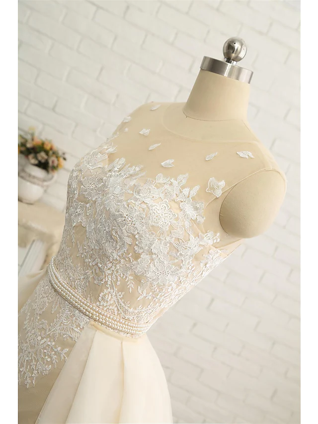 Wedding Dresses Jewel Neck Chapel Train Lace Tulle Lace Over Satin Regular Straps Formal See-Through with Sashes Ribbons Pearls