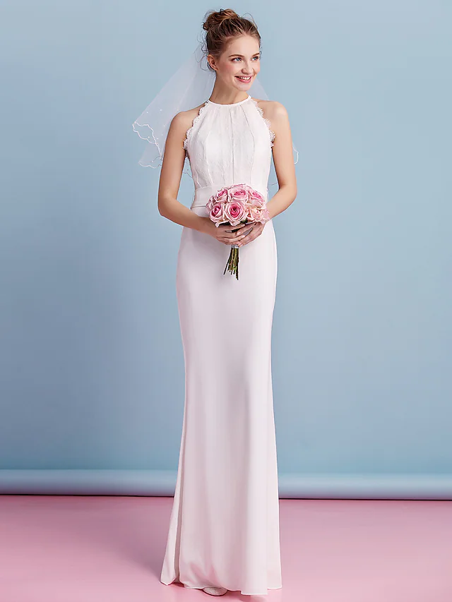 Wedding Dresses Jewel Neck Floor Length Chiffon Lace Regular Straps Floral Lace with Lace Sash