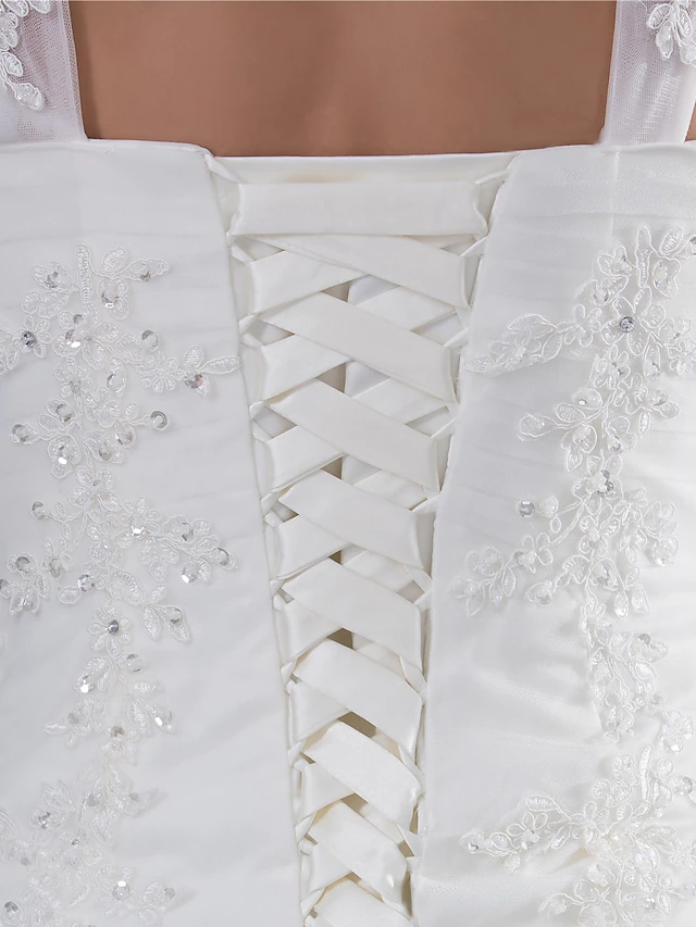 A-Line Wedding Dresses Sweetheart Neckline Chapel Train Lace Tulle Spaghetti Strap with Beading