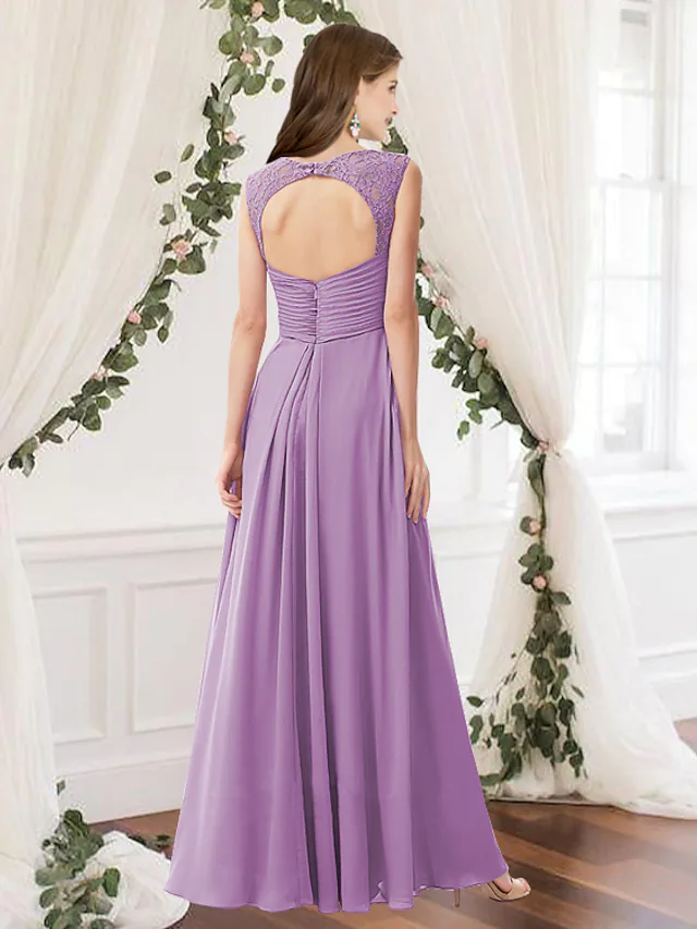 A-Line V Neck Floor Length Chiffon Bridesmaid Dress with Pleats Ruching Lilac