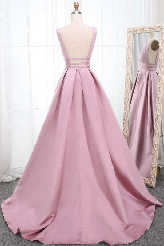 A Line Ruched Simple V Neck Sleeveless Prom Dress Sexy Evening Dress