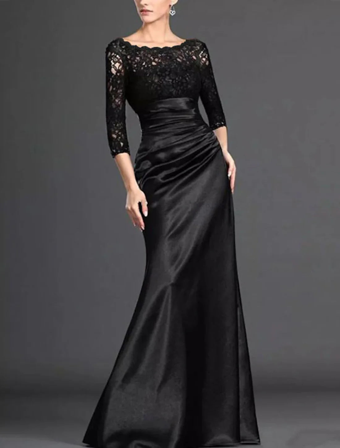 Mermaid / Trumpet Mother of the Bride Dress Elegant Floor Length Black Lace Satin 3/4 Length Sleeve with Pleats Draping