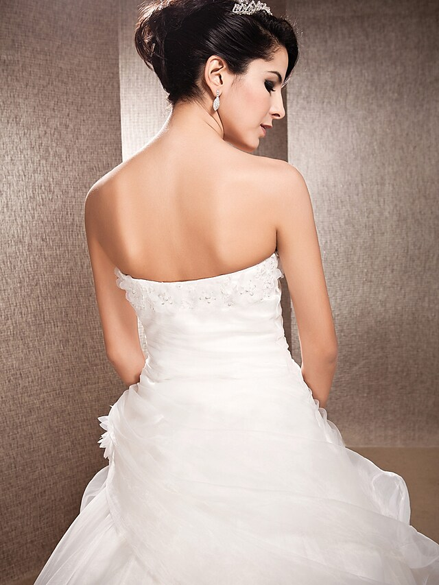 Ball Gown A-Line Wedding Dresses Strapless Court Train Organza Sleeveless Off Shoulder