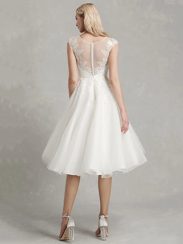 A-Line Wedding Dresses Jewel Neck Tea Length Lace Tulle Cap Sleeve Beautiful Back with Appliques Short