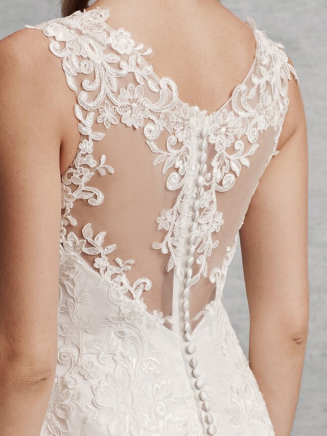 Wedding Dresses Scoop Neck Court Train Lace Satin Tulle Regular Straps Beautiful Back with Lace
