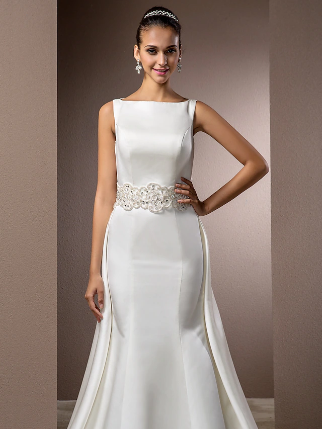 Wedding Dresses Bateau Neck Cathedral Train Satin Regular Straps Vintage Inspired