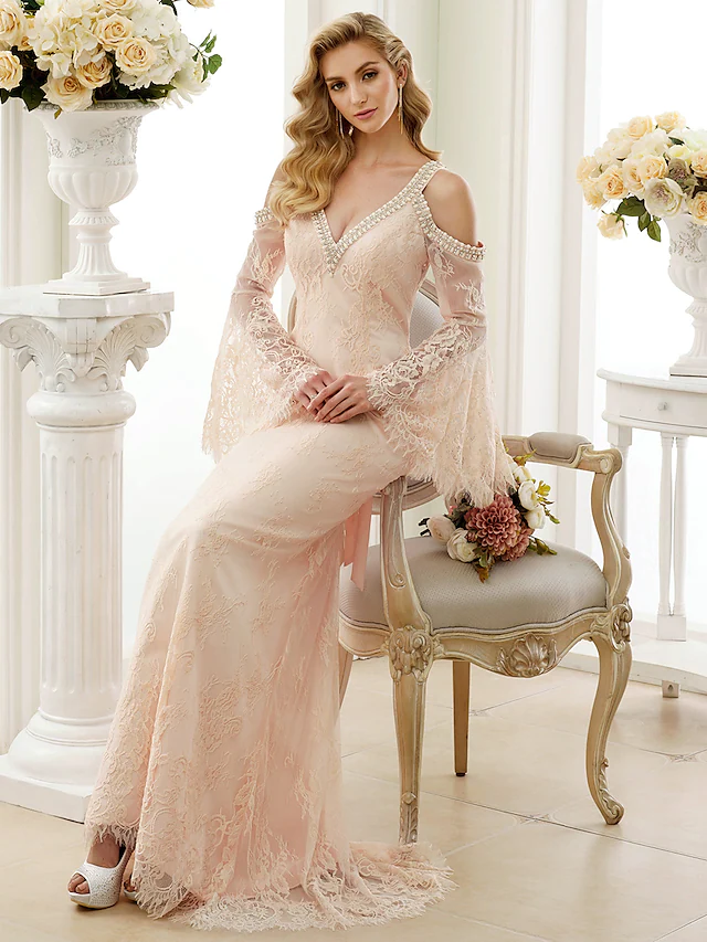 Wedding Dresses Plunging Neck Sheer Lace Long Sleeve Wedding Dress in Color Open Back Floral Lace with Bow(s)