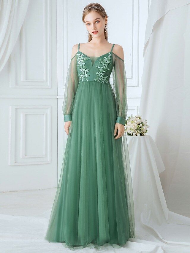 A-Line Spaghetti Strap Tulle Bridesmaid Dress with Appliques Beautiful Flower