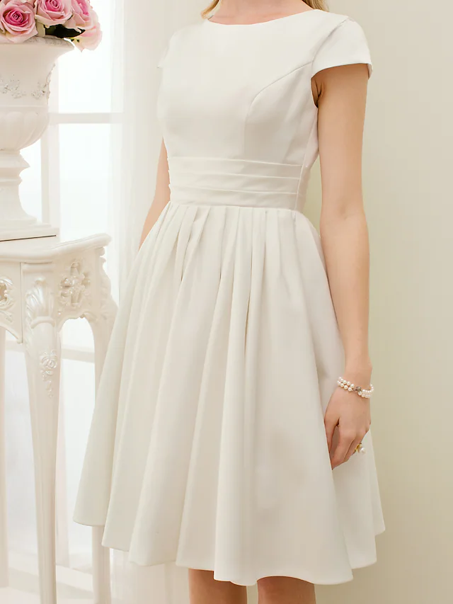 A-Line Wedding Dresses Jewel Neck Knee Length Satin Short Sleeve Formal Simple Casual Little White Dress with Sash