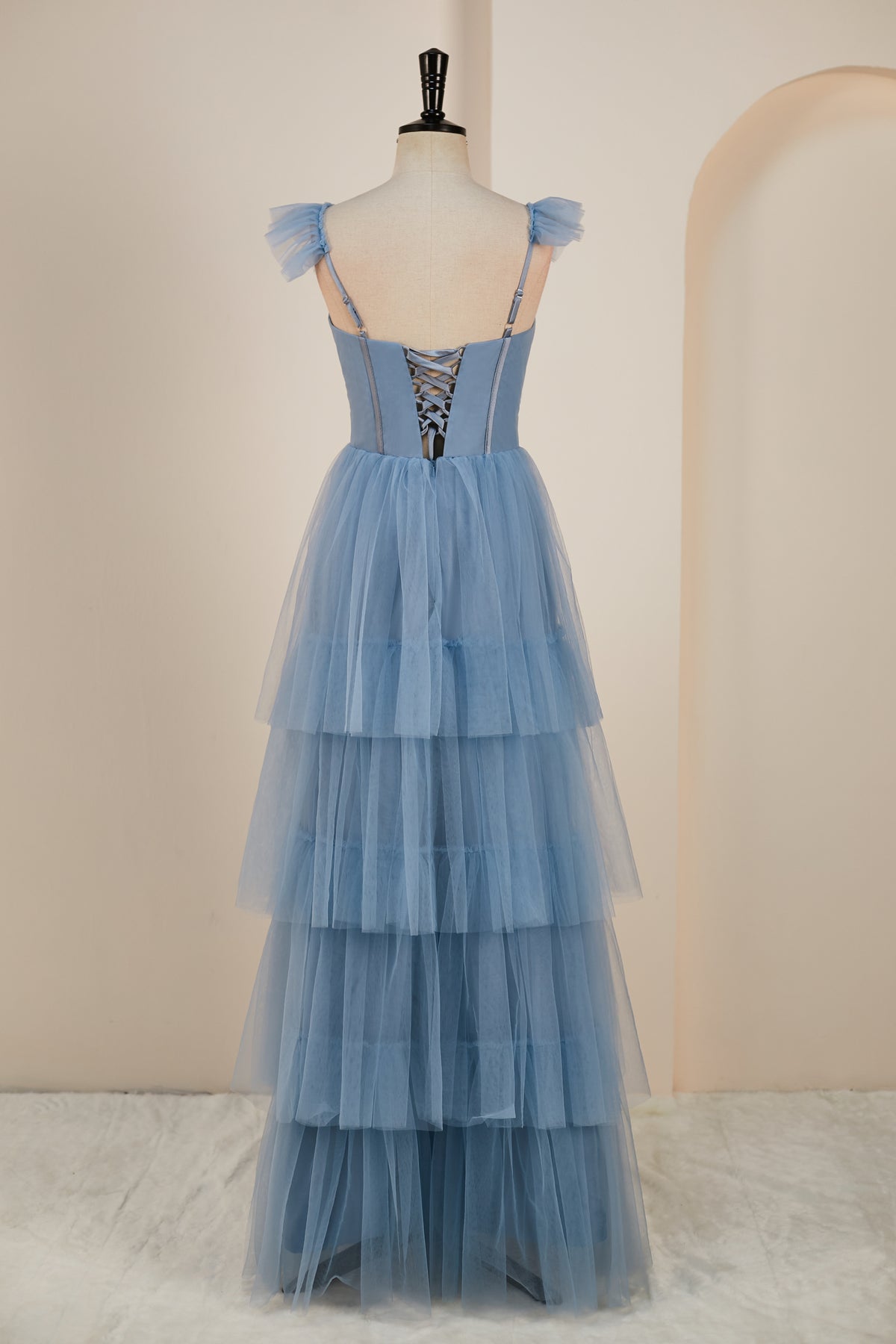 Fantastic Straps Tulle Tiered Multi-Layers Prom Dresses Floor Length Blue Beautiful