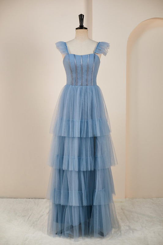 Fantastic Straps Tulle Tiered Multi-Layers Prom Dresses Floor Length Blue Beautiful