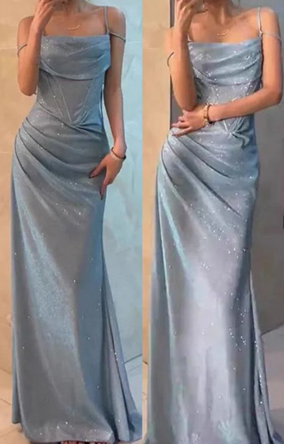 Fashion Spaghetti Straps Pleated Sleeveless Long Formal Prom Dress Elegant Evening Gown Shiny Wedding Guest Party Dress