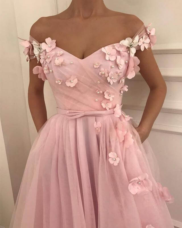 Flowers Beaded V Neck Off the Shoulder Prom Dresses Long Tulle Evening Gowns Beautiful