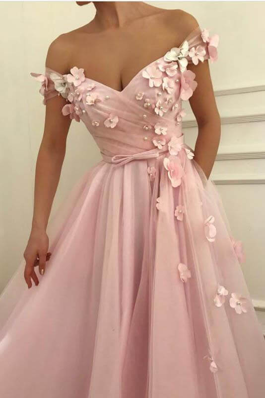 Flowers Beaded V Neck Off the Shoulder Prom Dresses Long Tulle Evening Gowns Beautiful