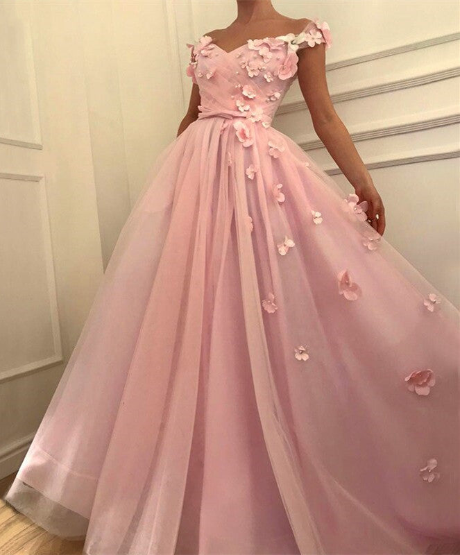 Flowers Beaded V Neck Off the Shoulder Prom Dresses Long Tulle Evening Gowns Beautiful