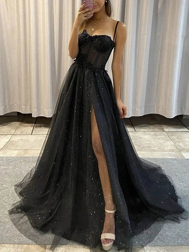 A-Line/Princess Spaghetti Straps Long Prom Dresses Sparkly Evening Dresses
