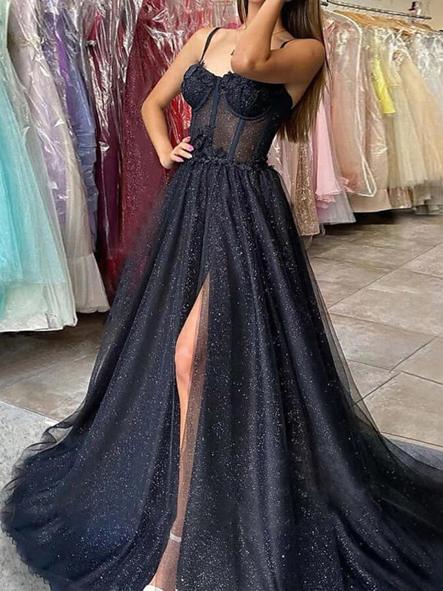 A-Line/Princess Spaghetti Straps Long Prom Dresses Sparkly Evening Dresses