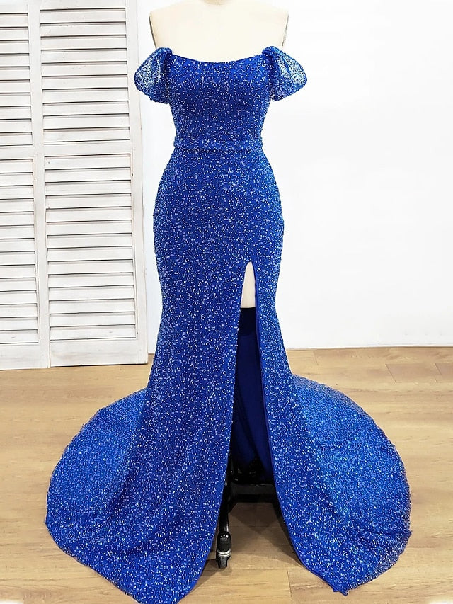 Sheath/Column Off-The-Shoulder Floor-Length Prom Dresses Sparkly Evening Dresses