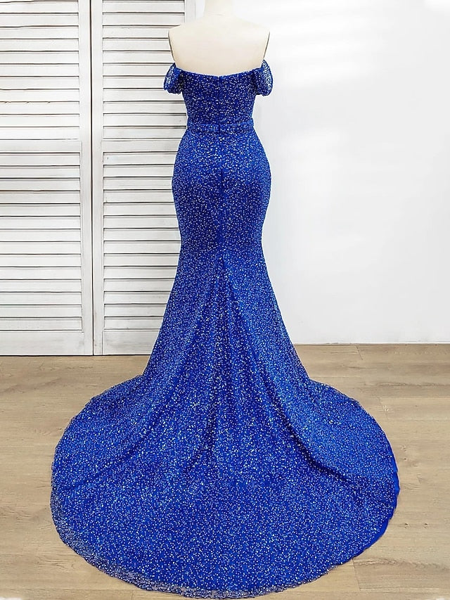 Sheath/Column Off-The-Shoulder Floor-Length Prom Dresses Sparkly Evening Dresses
