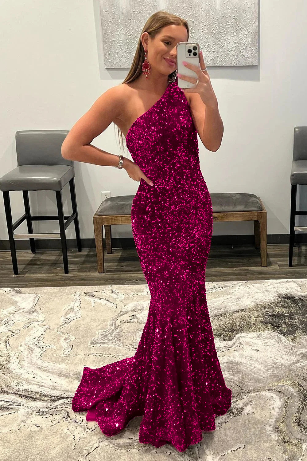Coral Sequins One Shoulder Mermaid Long Prom Dress Sparkly Evening Dresses