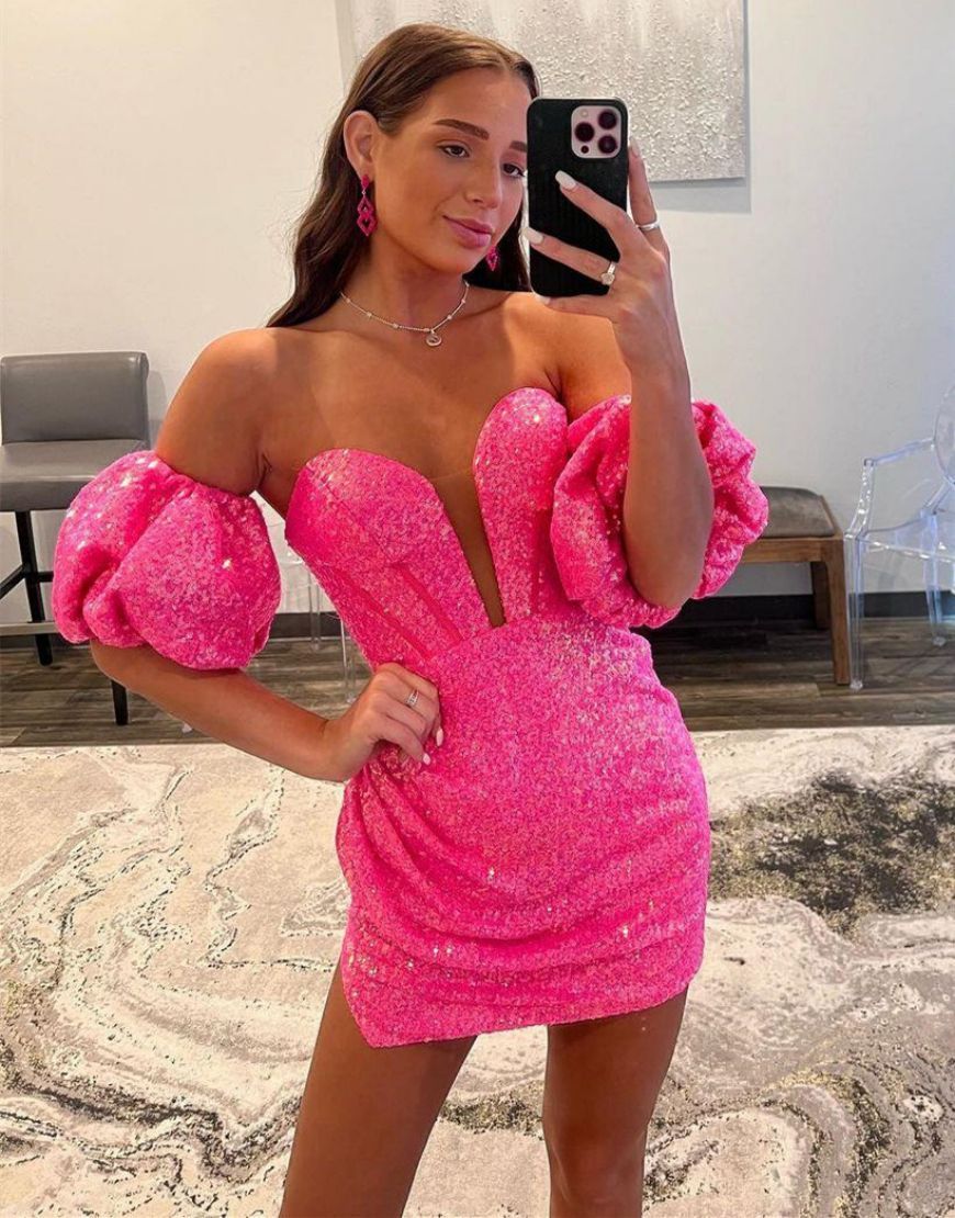 Fuchsia Bodycon Sequin Homecoming Dress With Detachable Sleeves Short