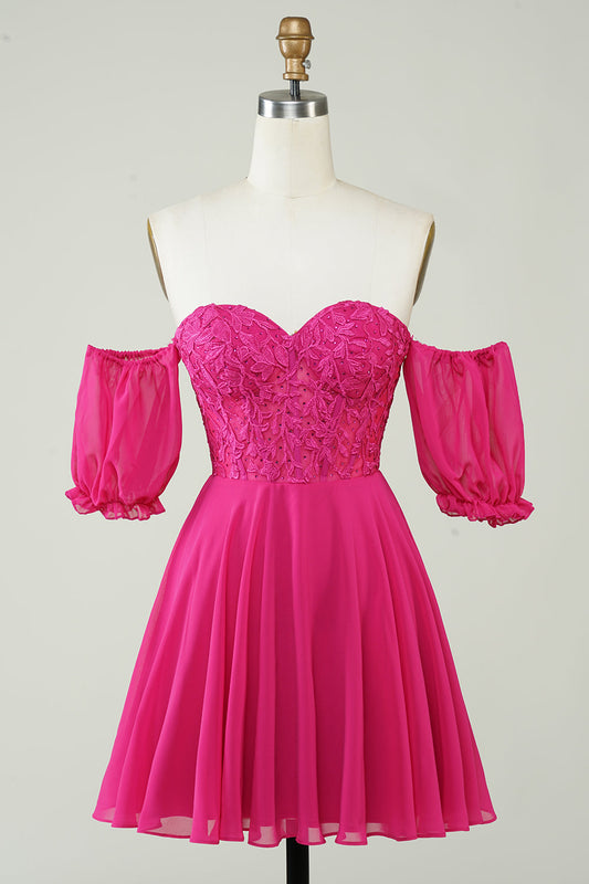 Fuchsia A-Line CorsetChiffon Short Homecoming Dress with Lace Off Shoulder