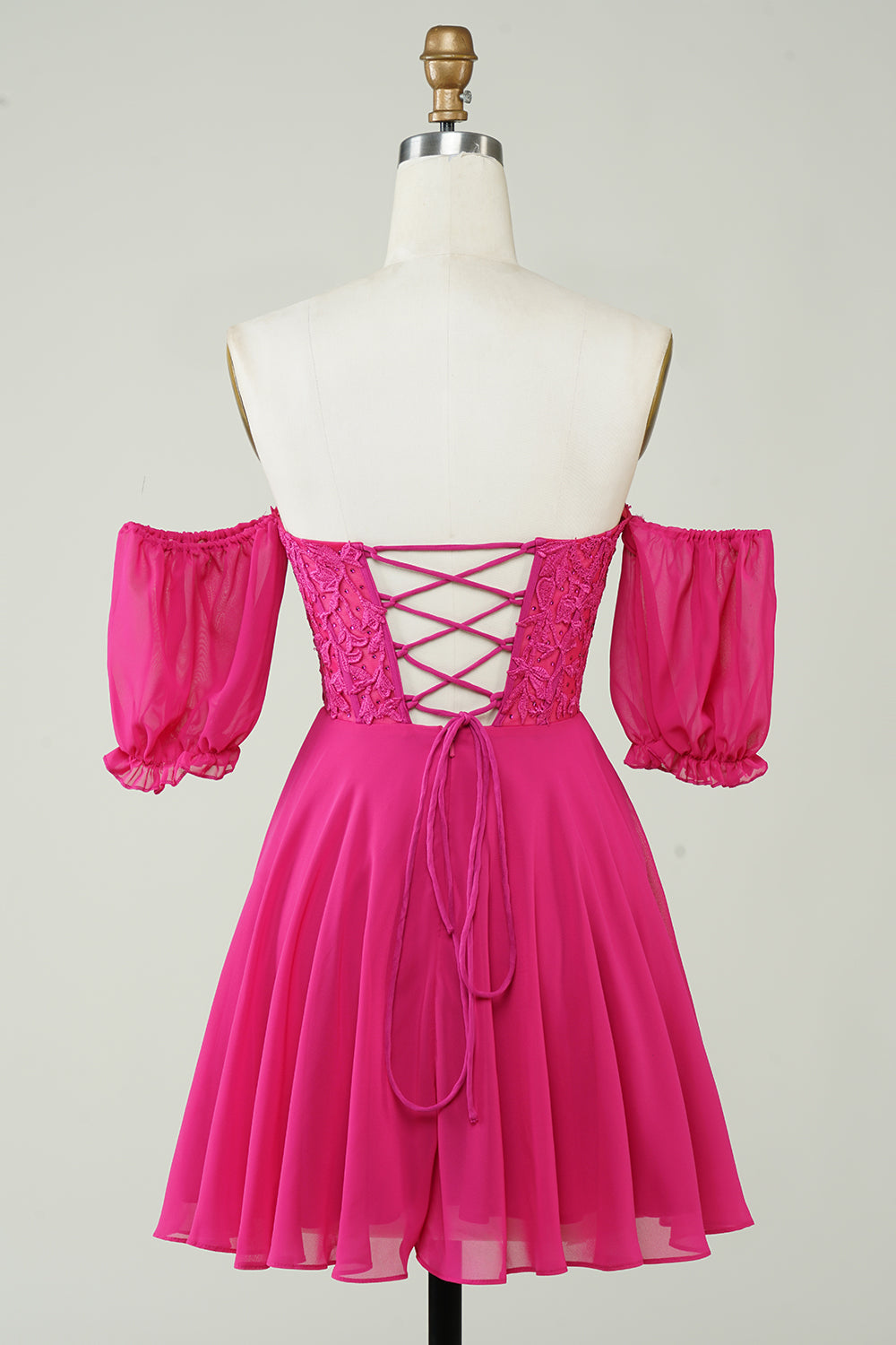 Fuchsia A-Line CorsetChiffon Short Homecoming Dress with Lace Off Shoulder