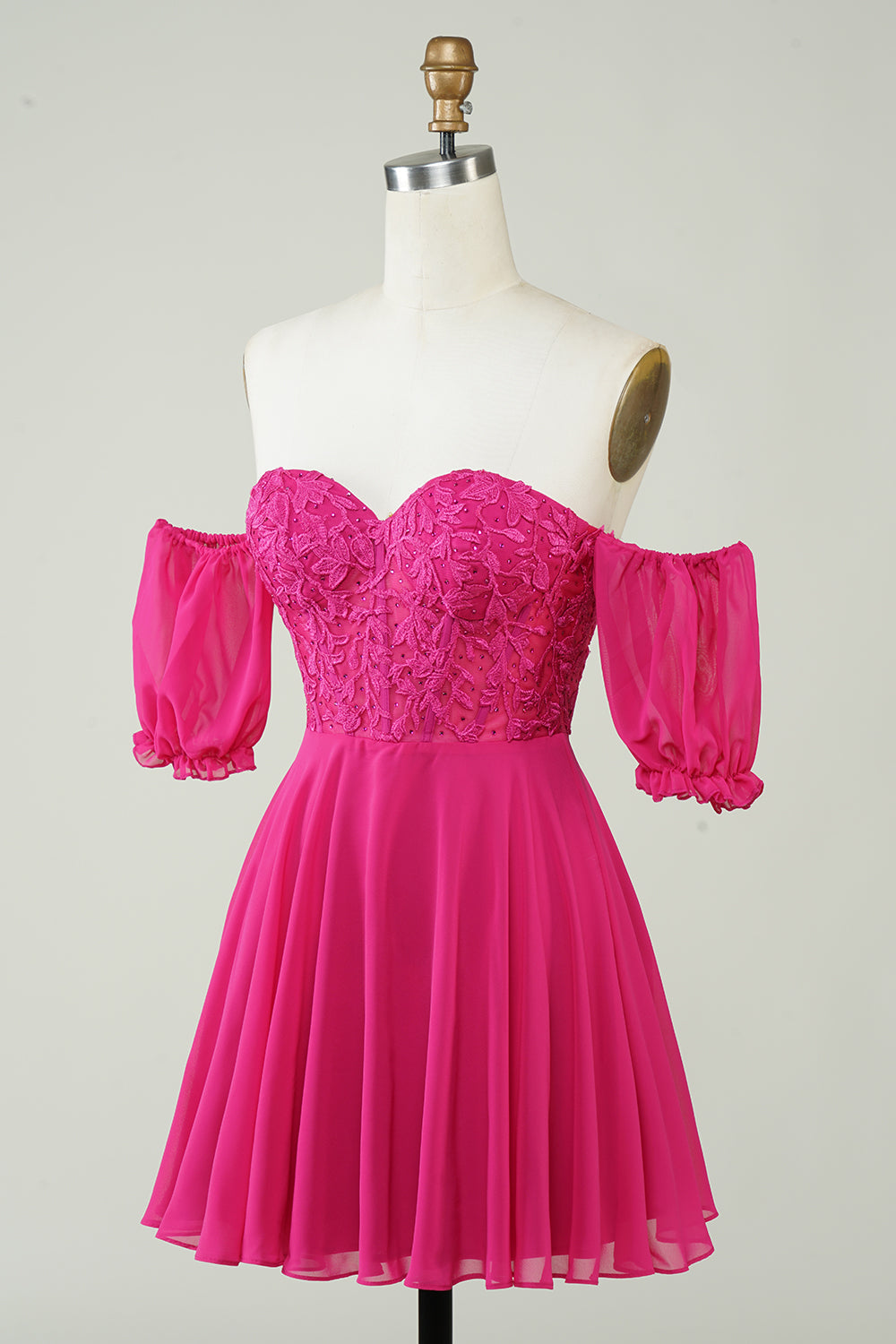 Fuchsia A-Line CorsetChiffon Short Homecoming Dress with Lace Off Shoulder