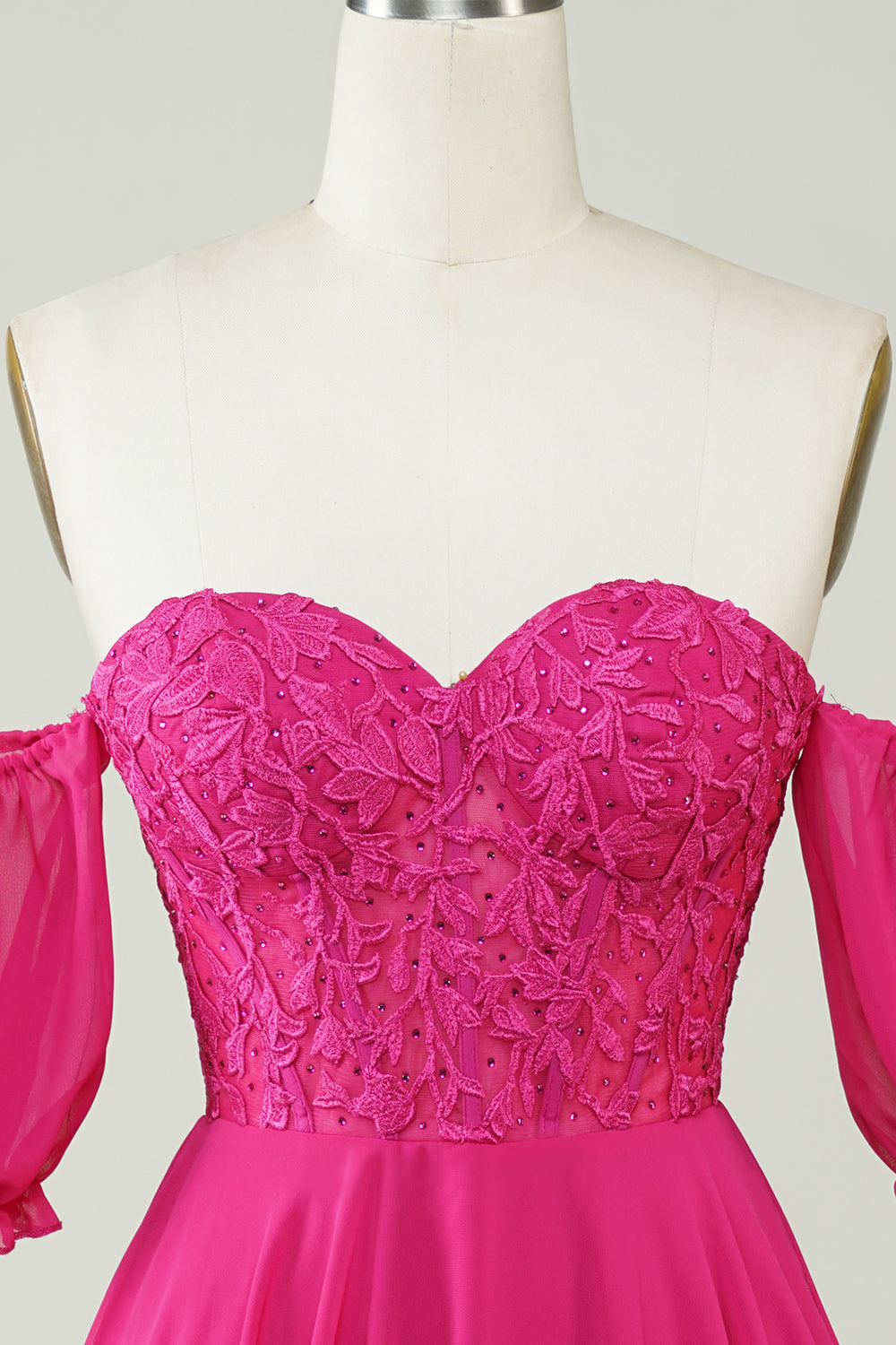 Fuchsia A-Line CorsetChiffon Short Homecoming Dress with Lace Off Shoulder