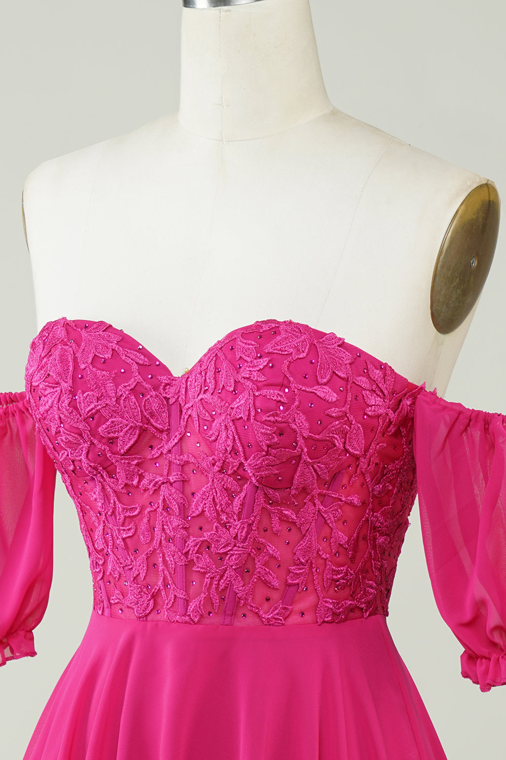 Fuchsia A-Line CorsetChiffon Short Homecoming Dress with Lace Off Shoulder