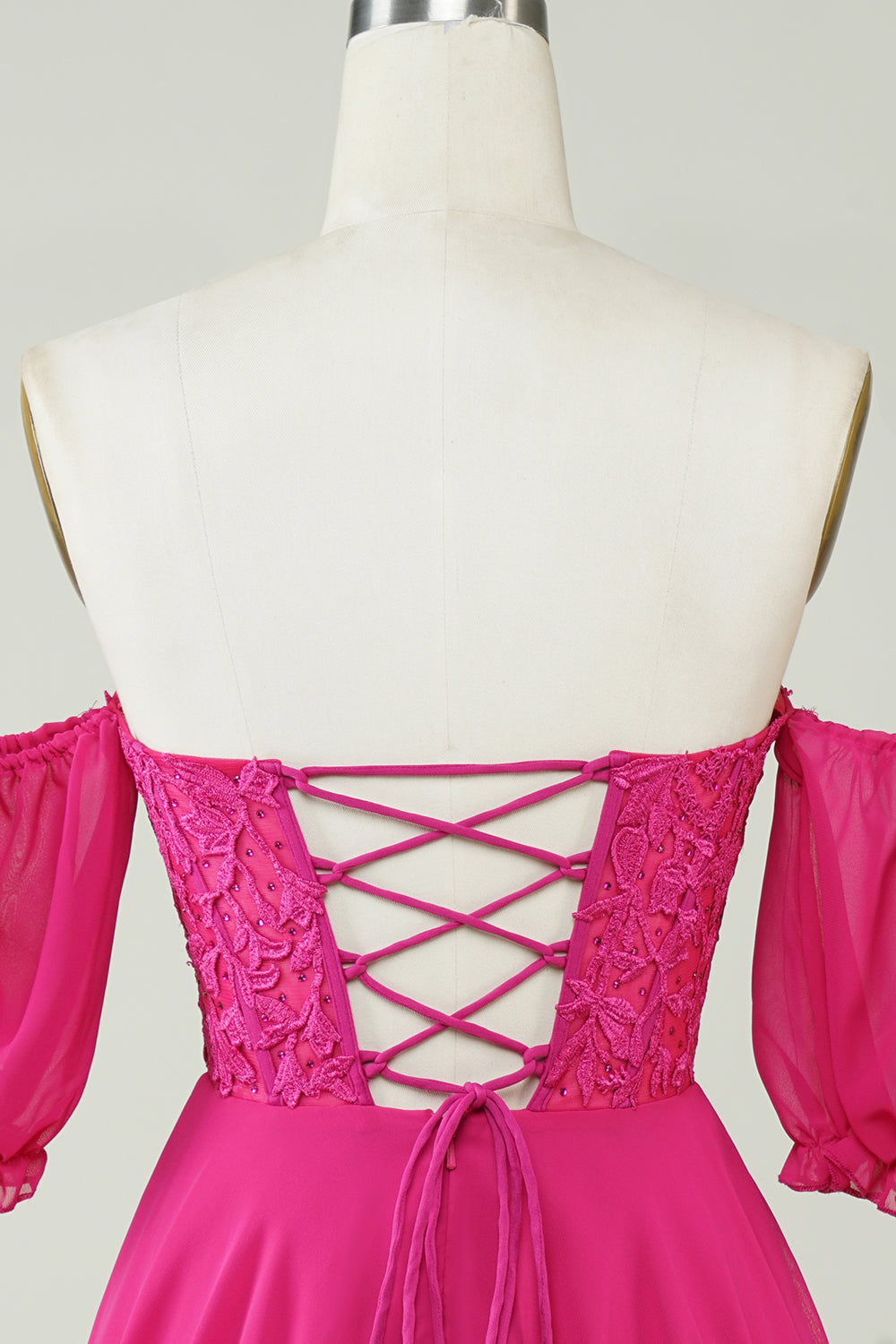 Fuchsia A-Line CorsetChiffon Short Homecoming Dress with Lace Off Shoulder