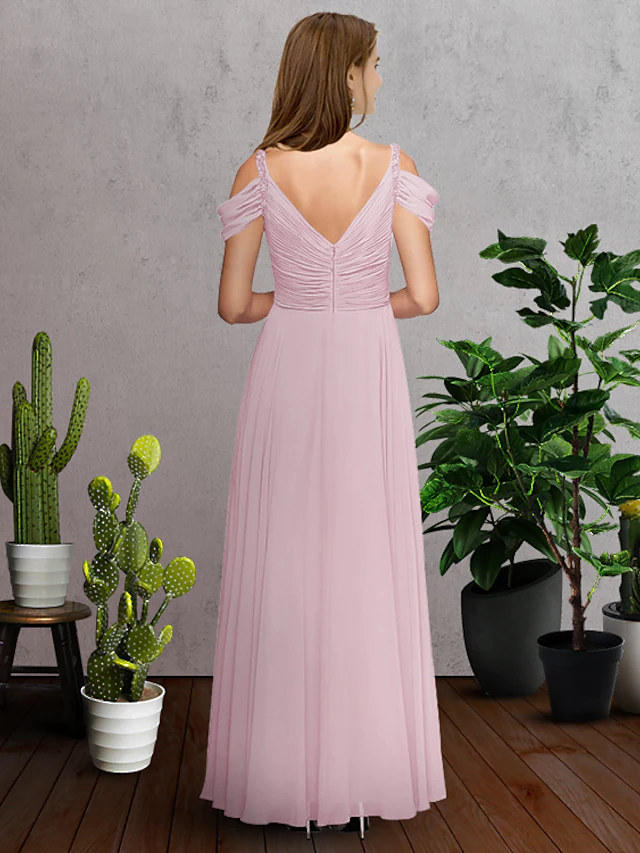 A-Line V Neck Spaghetti Strap Floor Length Chiffon Bridesmaid Dress with Pleats Ruching Pure Color