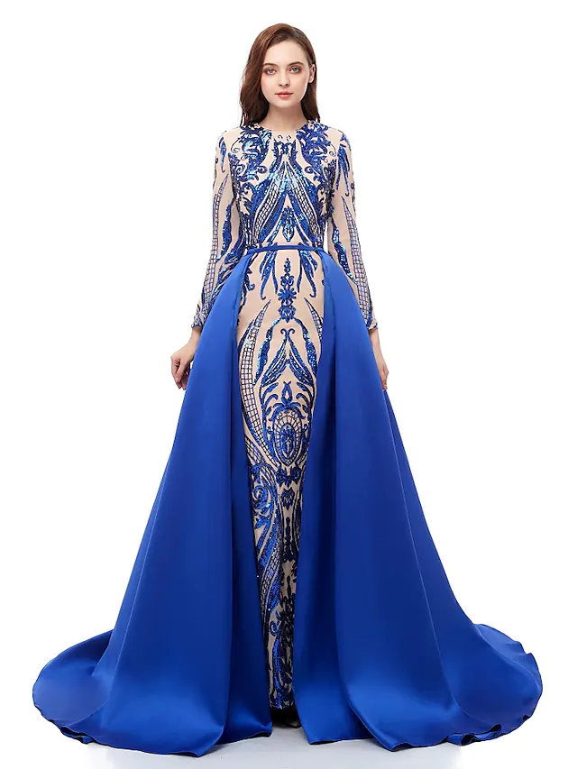 Luxurious Sparkle Prom Formal Evening Dress Jewel Neck Long Sleeve Detachable Sequined with Overskirt Pattern Print