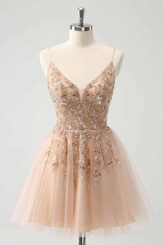 Blush A Line Sequined Spaghetti Straps Tulle Homecoming Dress Party Dress