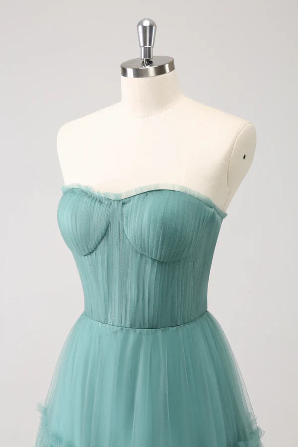Strapless Corset Tulle A-Line Princess Bridesmaid Dress Prom Dress Off Shoulder Floor Length
