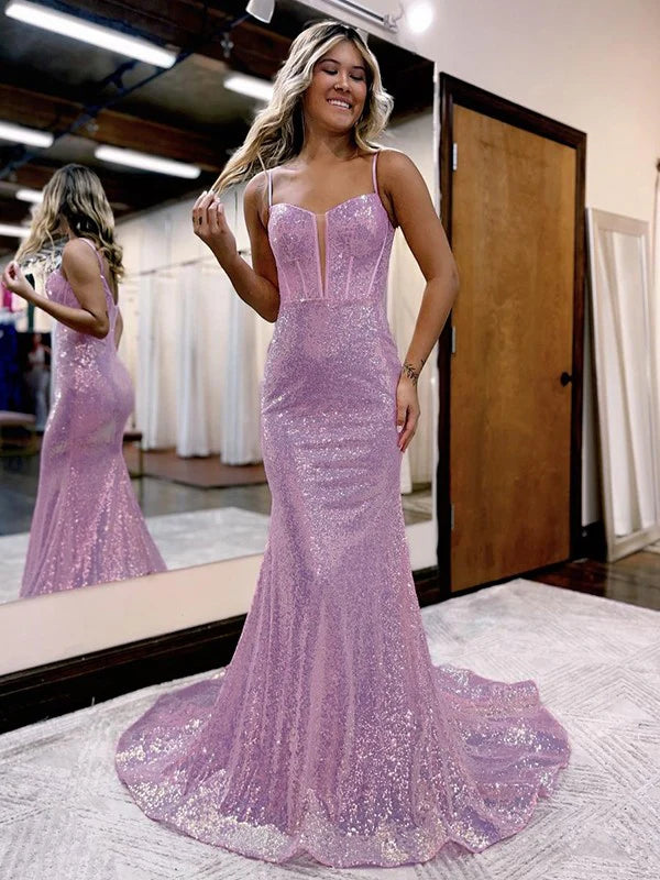 Trumpet/Mermaid Sequins Sweetheart Sleeveless Court Train Corset Dresses Sparkly Evening Dress