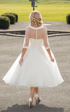 Tea-Length A-Line Bateau Neck Illusion Sleeve Bowed Tulle Wedding Dress Elegant