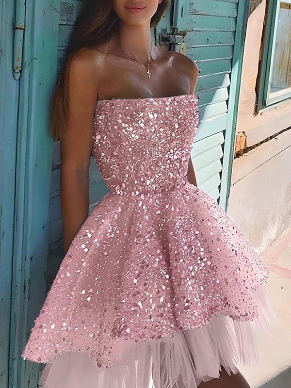 A Line/Princess Strapless Sleeveless Party Cocktail Dress With Sequin Sparkly Homecoming Dress