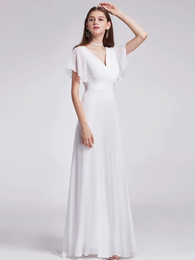 A-Line Wedding Dresses V Neck Floor Length Chiffon Short Sleeve Simple Little White Dress with Draping Pure Color