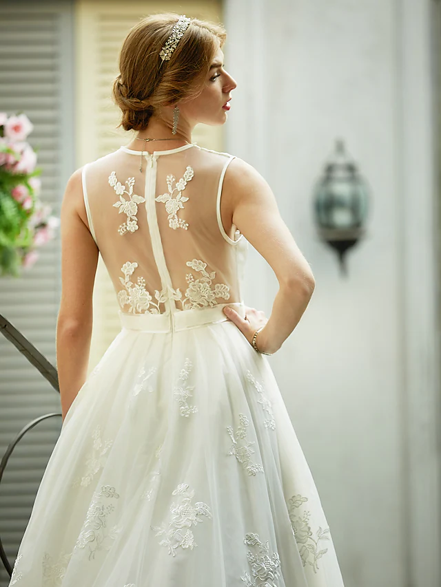 A-Line Wedding Dresses Plunging Neck Lace Over Tulle Sleeveless See-Through Beautiful Back Illusion Detail with Sash Ribbon