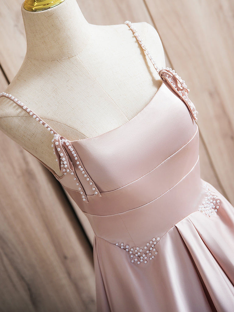 A-Line Satin Pink Long Prom Dress Long Formal Dress Floor Length Evening Dress