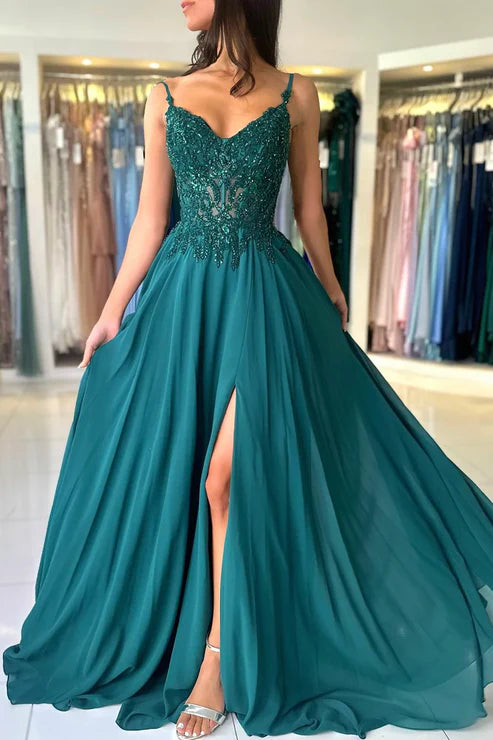 A-Line Chiffon Beaded Spaghetti Strap Long Evening Dress With Slit Sexy Party Dress