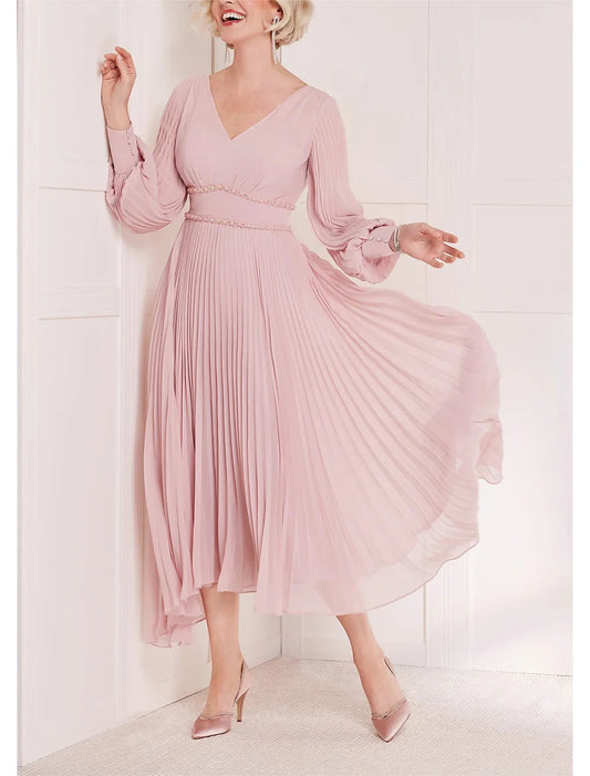 A-Line Mother of the Bride Dress Kentucky Derby Dresses Formal Wedding Guest Elegant Scoop Neck V Neck Tea Length Chiffon Long Sleeve with Crystals Ruching