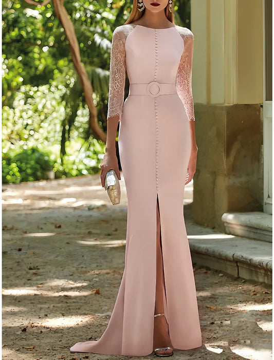 Mermaid / Trumpet Mother of the Bride Dress Wedding Guest Elegant Scoop Neck Sweep / Brush Train Stretch Fabric 3/4 Length Sleeve with Lace Split
