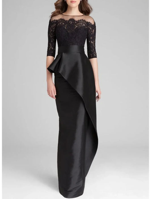 Mermaid / Trumpet Mother of the Bride Dress Wedding Guest Elegant Simple Jewel Neck Floor Length Satin Lace Half Sleeve with Ruffles