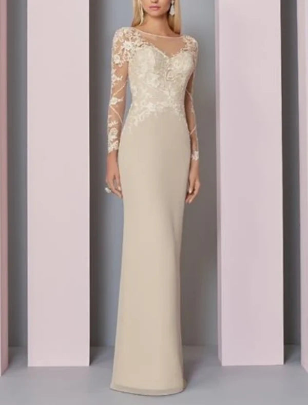Sheath / Column Mother of the Bride Dress Wedding Guest Elegant See Through Jewel Neck Floor Length Chiffon Lace Long Sleeve