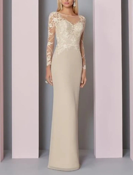 Sheath / Column Mother of the Bride Dress Wedding Guest Elegant See Through Jewel Neck Floor Length Chiffon Lace Long Sleeve