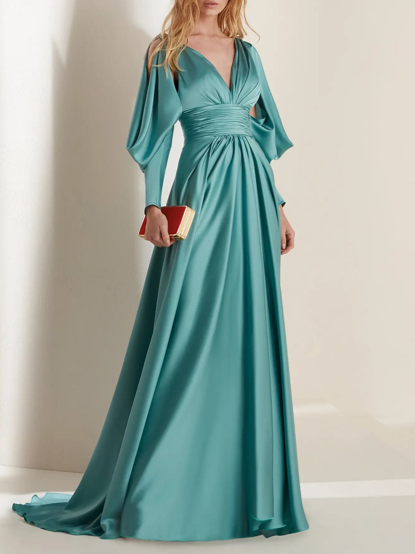 A-Line/Princess V-Neck Long Sleeves Floor-Length Evening Dresses With Pleats Solid Color